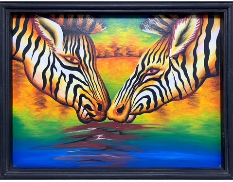 Этническая картина Зебры, акрил, дерево, 40х30см