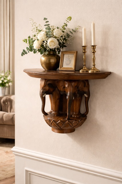 Настенная полка, фигурная консоль "три слона" 27см, дерево тик, ручная работа, Индонезия