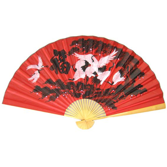 Интерьерный красный Веер на стену с журавлями 150х90см