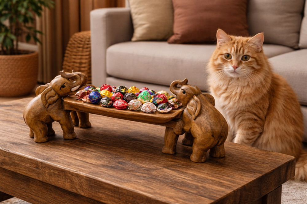 Поднос - подставка Слоны  50х30см (тиковое дерево), ручная работа, Индонезия